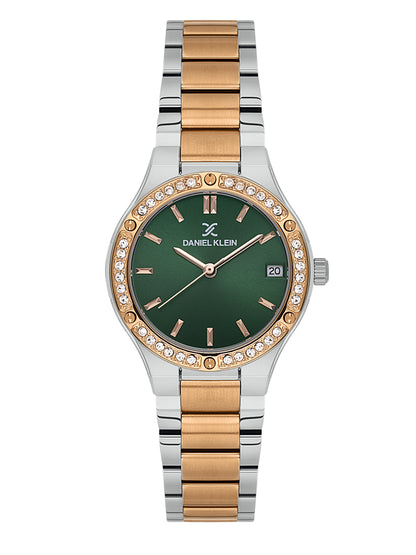 Daniel Klein Analog Dark Green Round Dial Silver and Rose Gold Case Silver and Rose Gold Strap Quartz Water-Resistant Wrist Watch for Women Girls, Ladies DK.1.14160-6