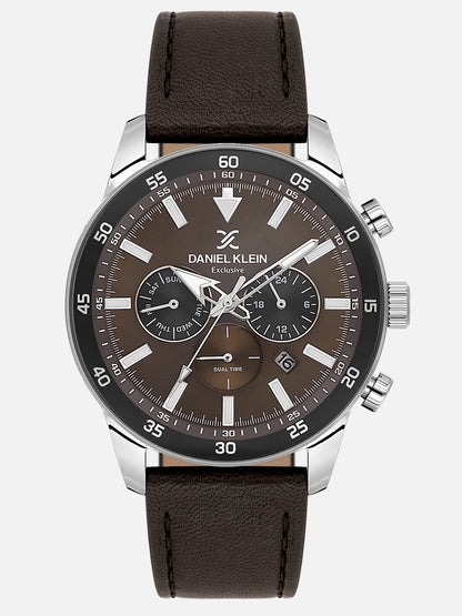 Daniel Klein Analog D.Brown Round Dial Silver Case D.Brown Strap Quartz Water-Resistant Wrist Watch for Men Boys DK.1.14255-5