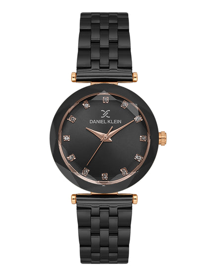 Daniel Klein Analog Black Round Dial Pink Rose Gold/Black Case Black Strap Quartz Water-Resistant Wrist Watch for Women Girls, Ladies DK.6.14189-6