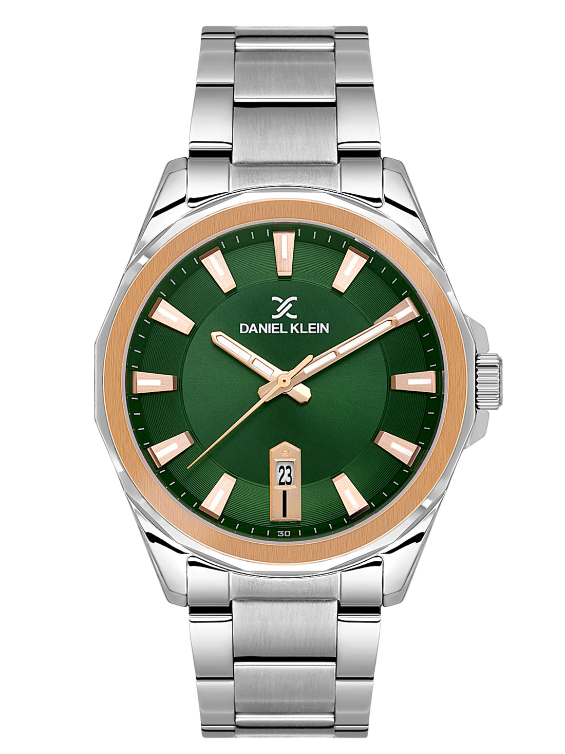 Daniel Klein Analog Dark Green Round Dial Silver and Rose Gold Case Silver Strap Quartz Water-Resistant Wrist Watch for Men Boys DK.1.14199-4