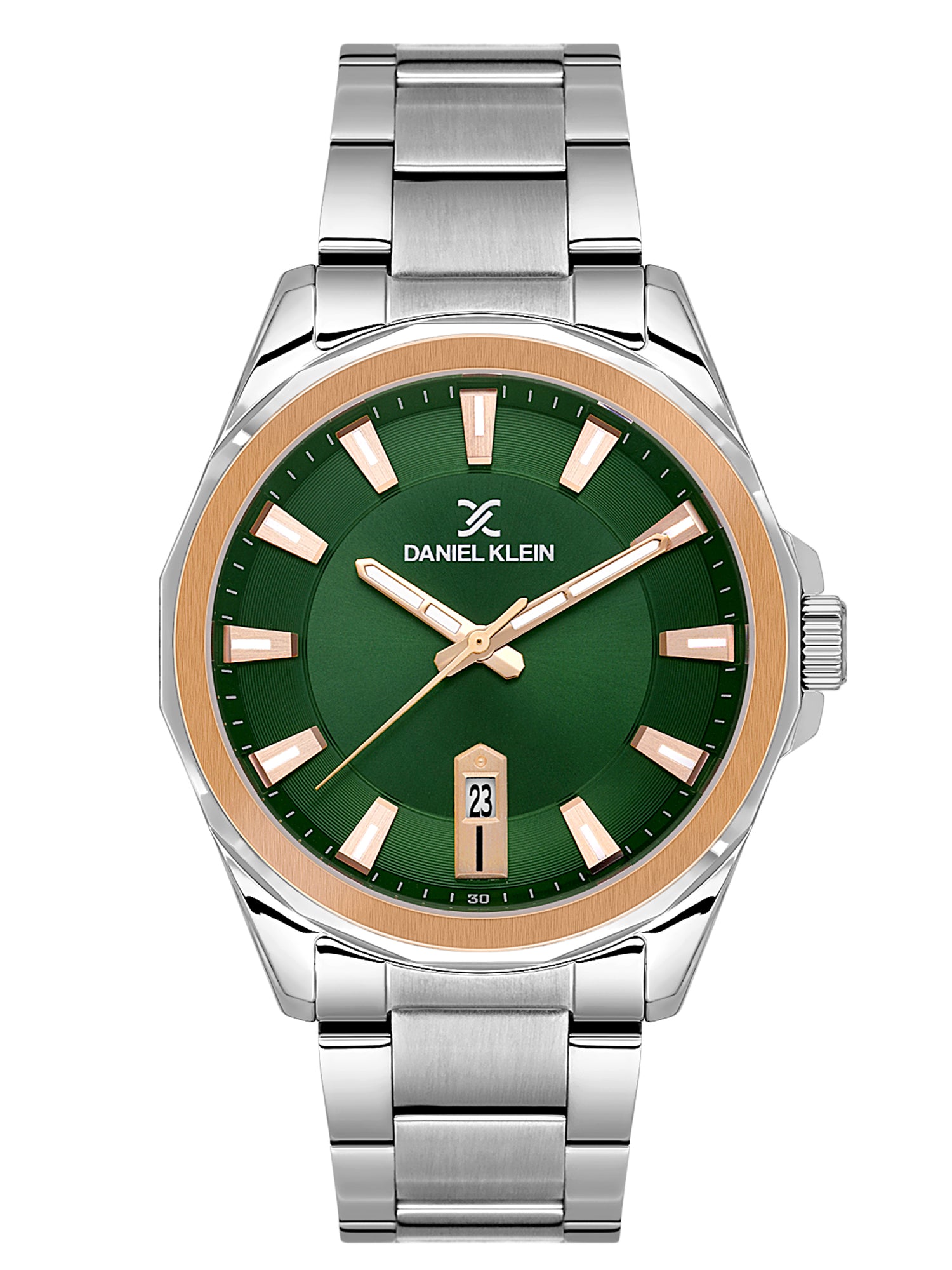 Daniel Klein Analog Dark Green Round Dial Silver and Rose Gold Case Silver Strap Quartz Water-Resistant Wrist Watch for Men Boys DK.1.14199-4