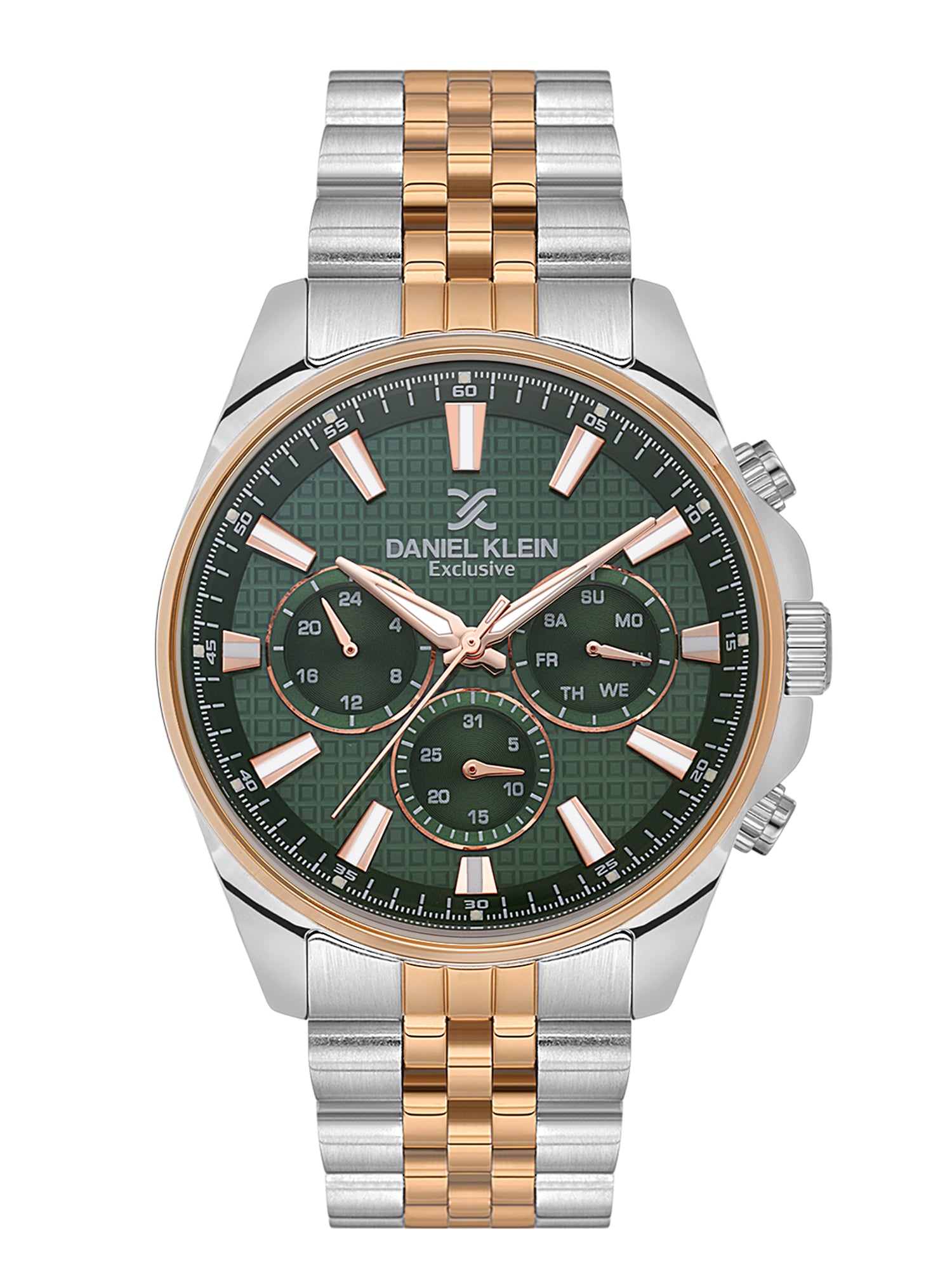 Daniel Klein Analog Dark Green Round Dial Silver and Rose Gold Case Silver and Rose Gold Strap Quartz Water-Resistant Wrist Watch for Men Boys DK.1.14240-4