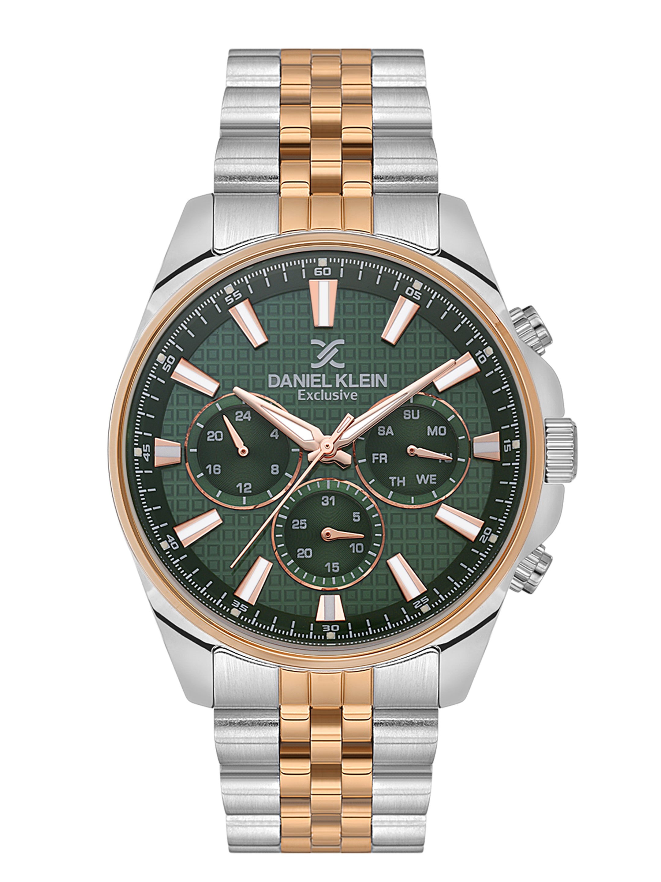 Daniel Klein Analog Dark Green Round Dial Silver and Rose Gold Case Silver and Rose Gold Strap Quartz Water-Resistant Wrist Watch for Men Boys DK.1.14240-4