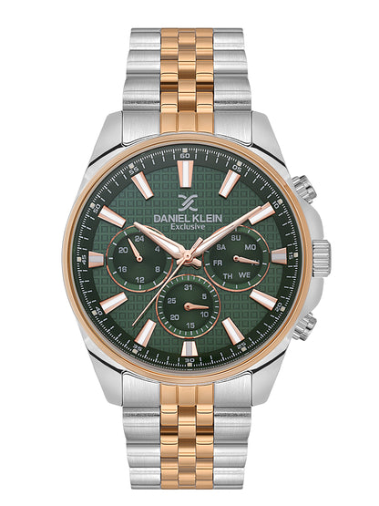 Daniel Klein Analog Dark Green Round Dial Silver and Rose Gold Case Silver and Rose Gold Strap Quartz Water-Resistant Wrist Watch for Men Boys DK.1.14240-4