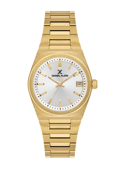 Daniel Klein Analog Silver Round Dial Gold Case Gold Strap Quartz Water-Resistant Wrist Watch for Women Girls, Ladies DK.1.14177-4