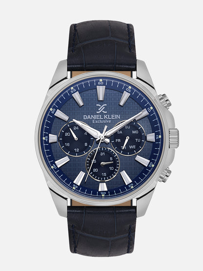Daniel Klein Analog Dark Blue Round Dial Silver Case Dark Blue Strap Quartz Water-Resistant Wrist Watch for Men Boys DK.1.14239-3