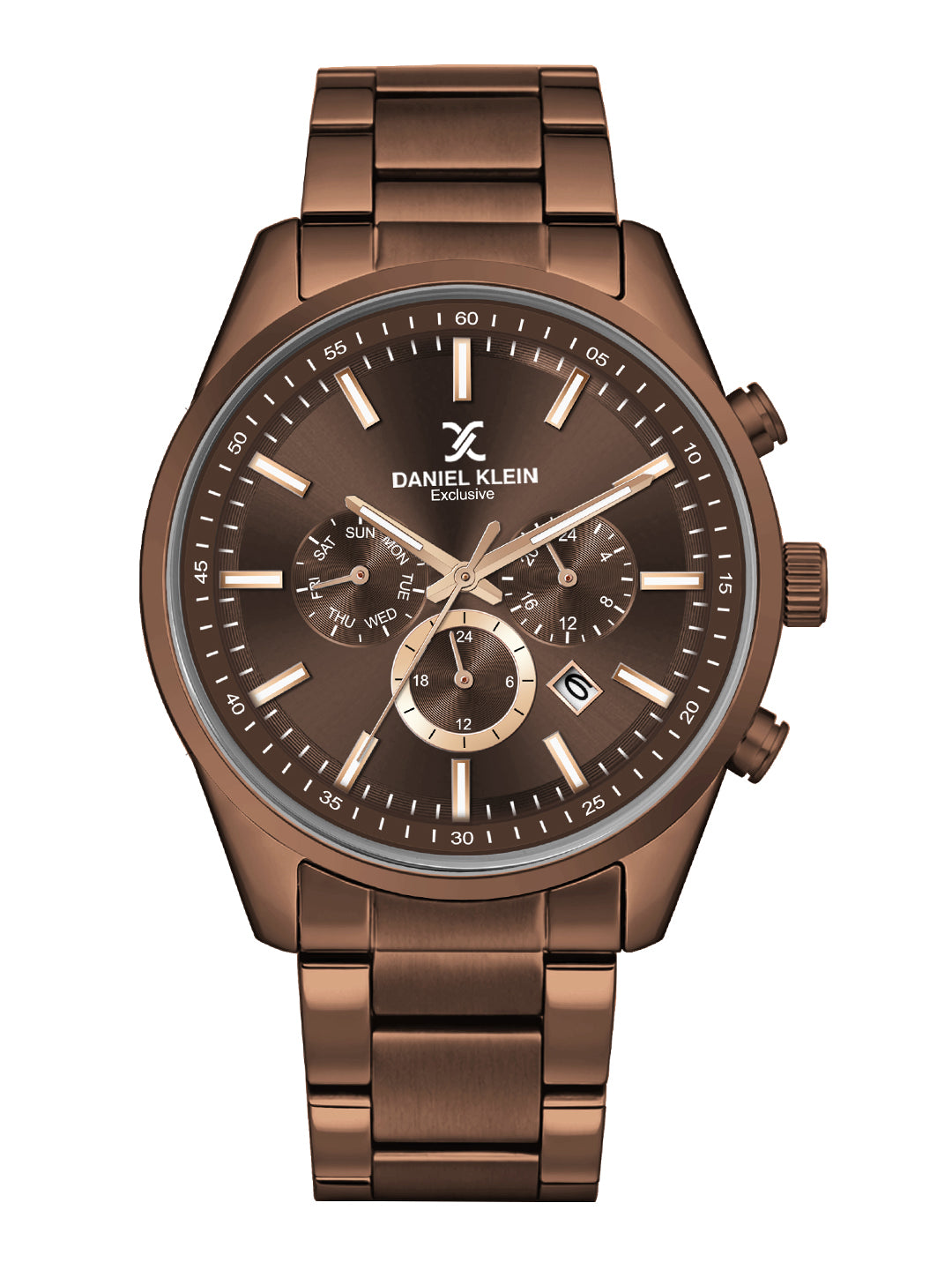 Daniel Klein men Analog Multifunction Watch | Brown Case | Brown Dial with Day Date 24-hour format | Brown Metal Strap | 44 mm | Water Resistant 3 ATM | DK.20.13348-11