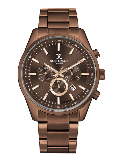 Daniel Klein men Analog Multifunction Watch | Brown Case | Brown Dial with Day Date 24-hour format | Brown Metal Strap | 44 mm | Water Resistant 3 ATM | DK.20.13348-11