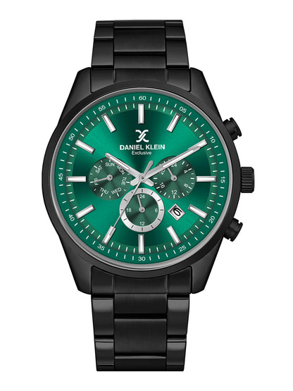 Daniel Klein men Analog Multifunction Watch | Gun Black Case | Green Dial with Day Date 24-hour format | Black Metal Strap | 44 mm | Water Resistant 3 ATM | DK.20.13348-10