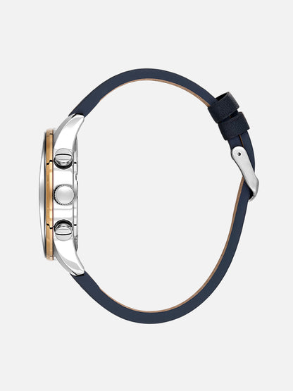 Daniel Klein Analog Dark Blue Round Dial Silver and Rose Gold Case Dark Blue Strap Quartz Water-Resistant Wrist Watch for Men Boys DK.1.14255-6