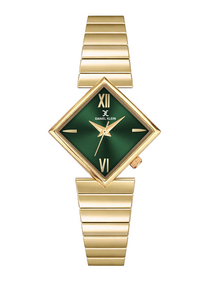 Daniel Klein Women Analog Watch | Gold Case | Green Dial | Gold Strap | 30 mm | Water Resistant 3 ATM | DK.20.10010-3