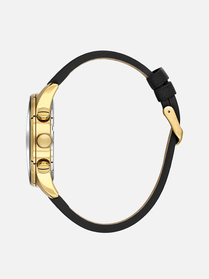 Daniel Klein Analog Black Round Dial Gold Case Black Strap Quartz Water-Resistant Wrist Watch for Men Boys DK.1.14255-3