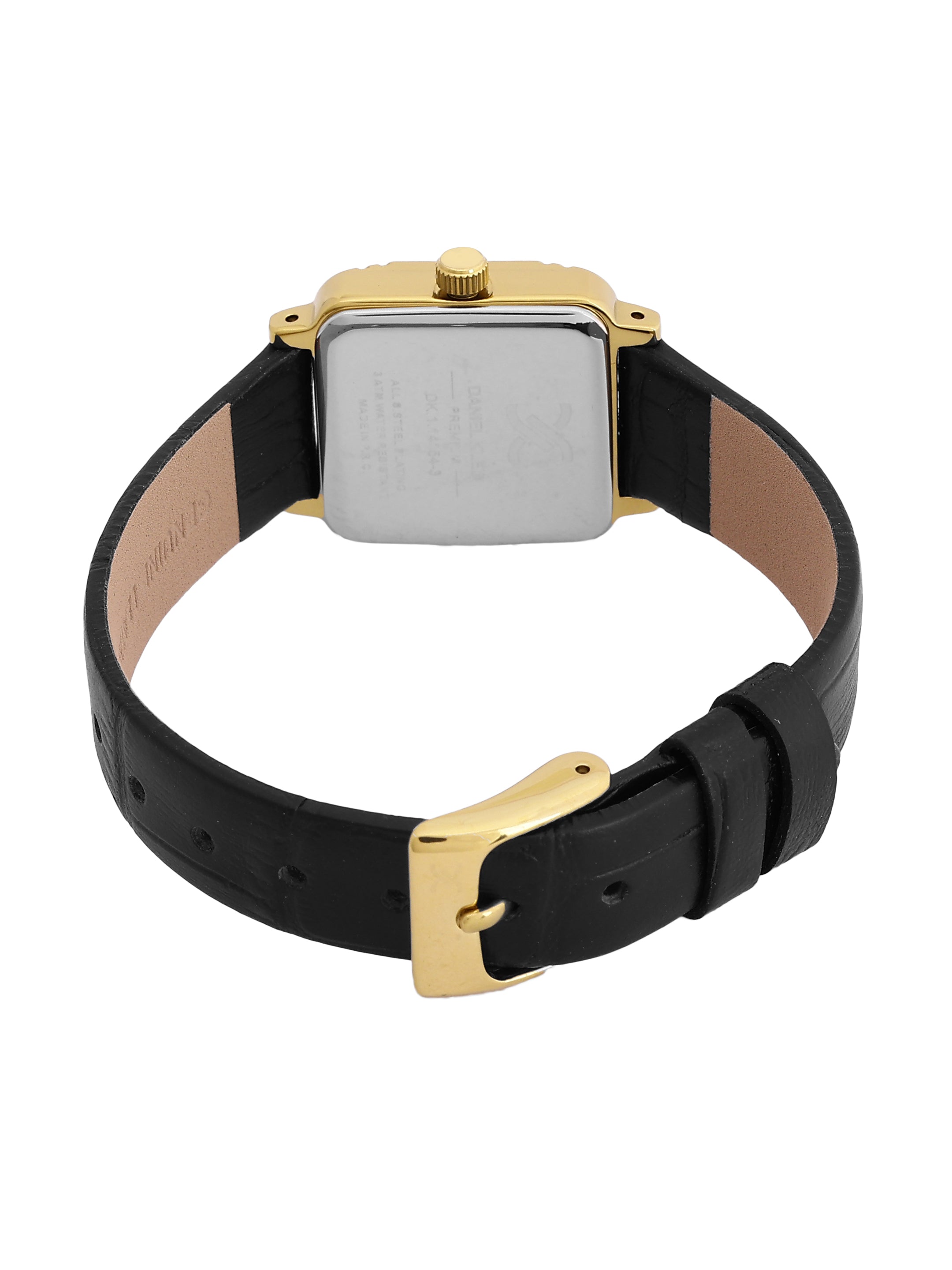 Daniel Klein Analog Silver Round Dial Gold Case Black Strap Quartz Water-Resistant Wrist Watch for Women Girls, Ladies DK.1.14154-3