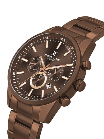 Daniel Klein men Analog Multifunction Watch | Brown Case | Brown Dial with Day Date 24-hour format | Brown Metal Strap | 44 mm | Water Resistant 3 ATM | DK.20.13348-11