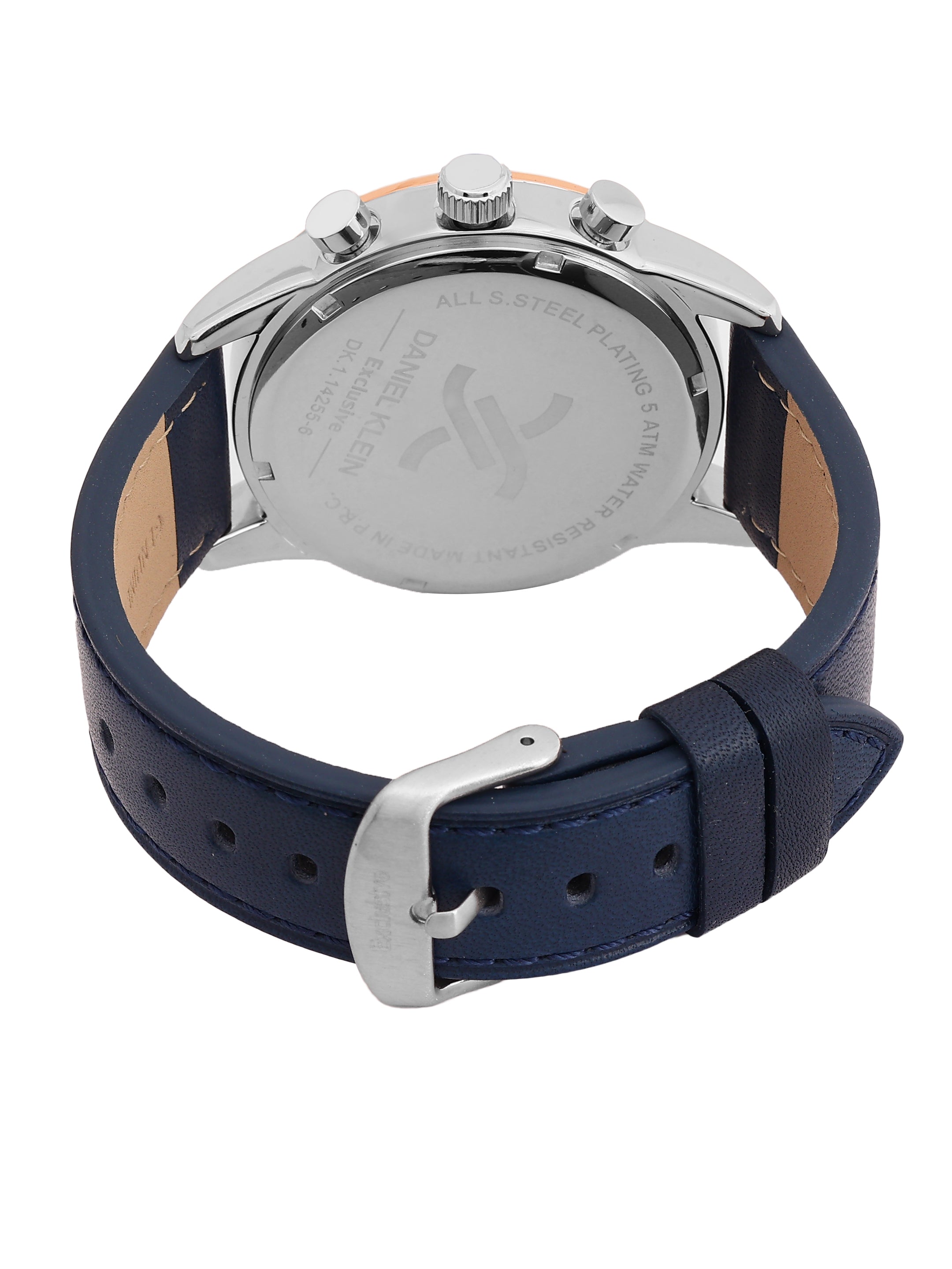 Daniel Klein Analog Dark Blue Round Dial Silver and Rose Gold Case Dark Blue Strap Quartz Water-Resistant Wrist Watch for Men Boys DK.1.14255-6
