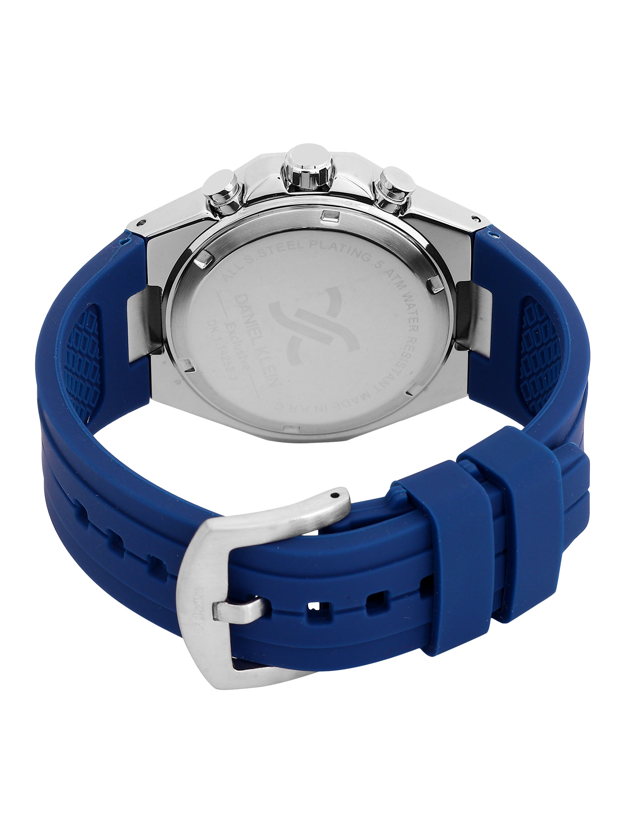 Daniel Klein Analog Dark Blue Round Dial Silver Case Dark Blue Strap Quartz Water-Resistant Wrist Watch for Men Boys DK.1.14258-3