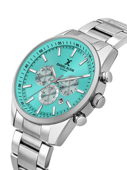 Daniel Klein Men Analog Multifunction Watch | Silver Case | Tiffny blue Dial with Day Date 24-hour format | Silver Metal Strap | 44 mm | Water Resistant 3 ATM | DK.20.13348-8
