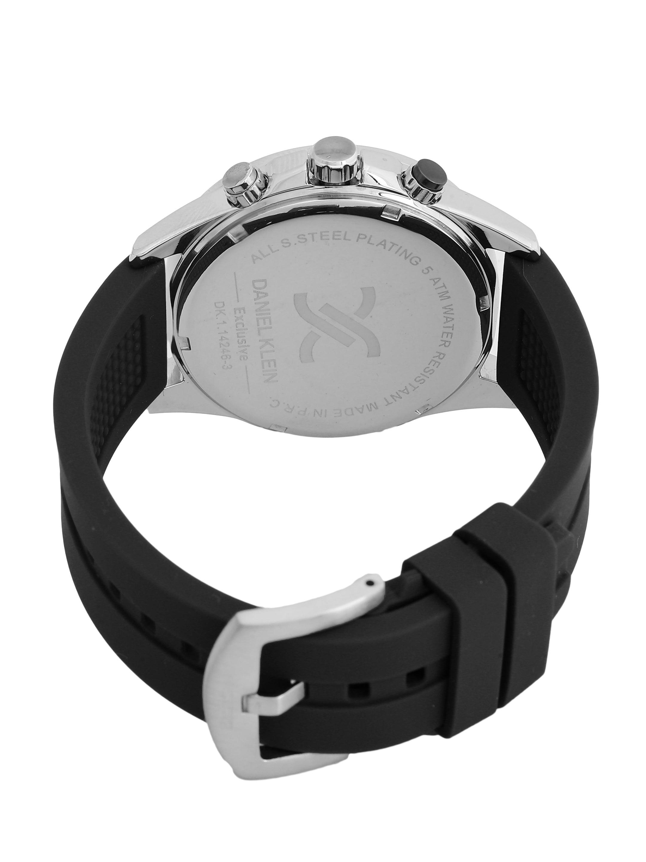 Daniel Klein Analog Black Round Dial Silver Case Black Strap Quartz Water-Resistant Wrist Watch for Men Boys DK.1.14246-2