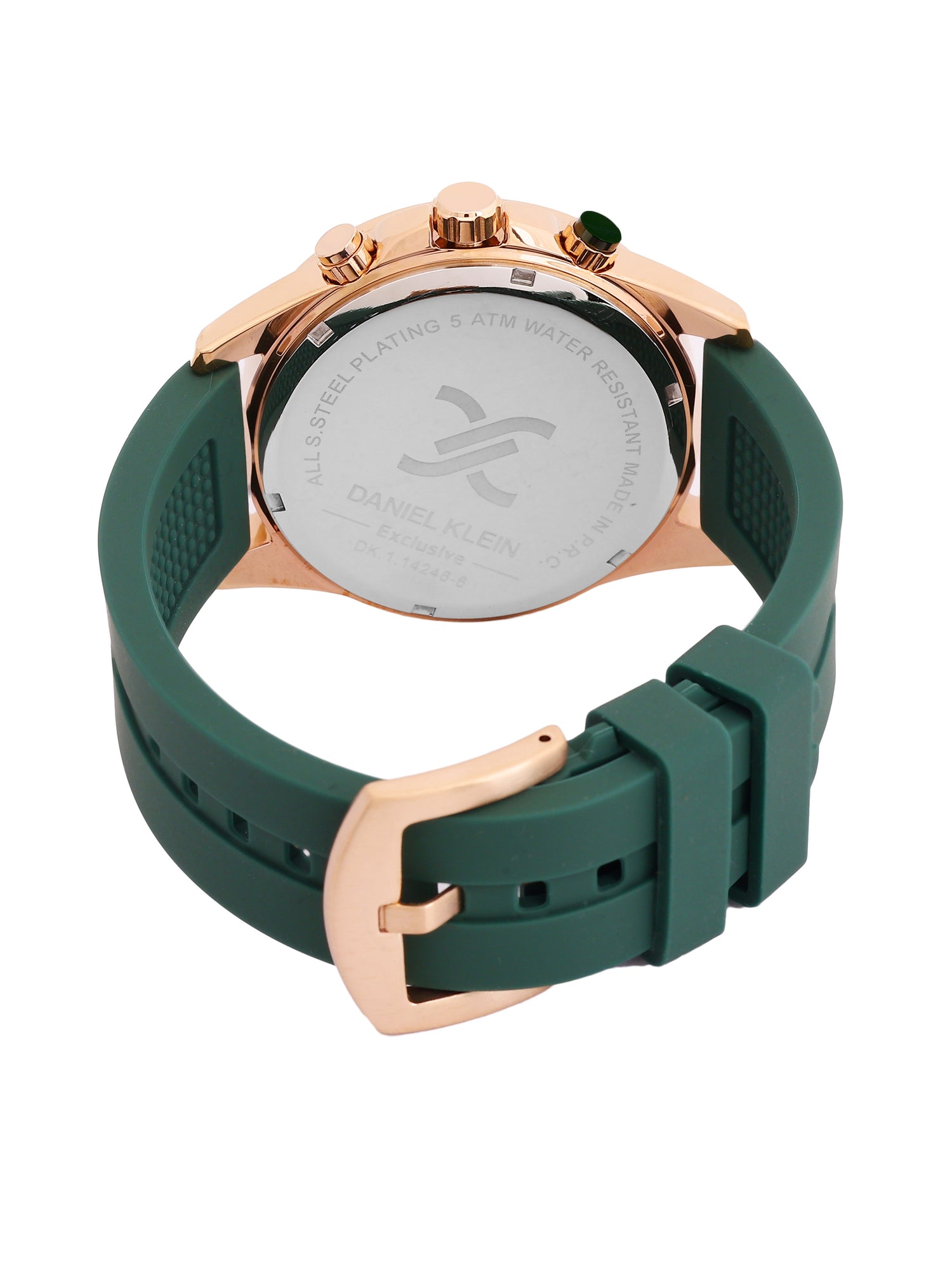 Daniel Klein Analog Dark Green Round Dial Pink Rose Gold Case Dark Green Strap Quartz Water-Resistant Wrist Watch for Men Boys DK.1.14246-6