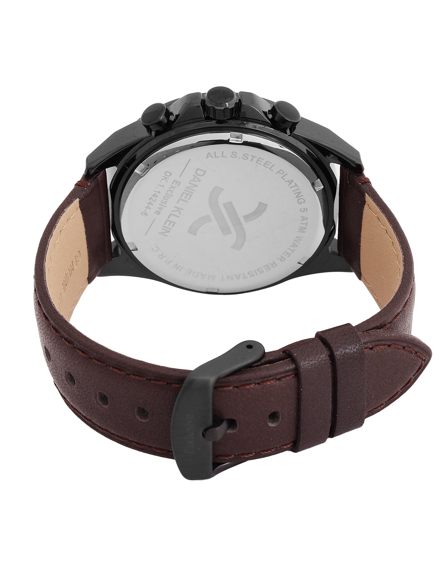 Daniel Klein Analog Cool Grey 9c Round Dial Black Case Brown Strap Quartz Water-Resistant Wrist Watch for Men Boys DK.1.14244-6