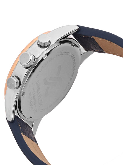 Daniel Klein Analog Dark Blue Round Dial Silver and Rose Gold Case Dark Blue Strap Quartz Water-Resistant Wrist Watch for Men Boys DK.1.14255-6