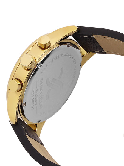 Daniel Klein Analog Black Round Dial Gold Case Black Strap Quartz Water-Resistant Wrist Watch for Men Boys DK.1.14255-3