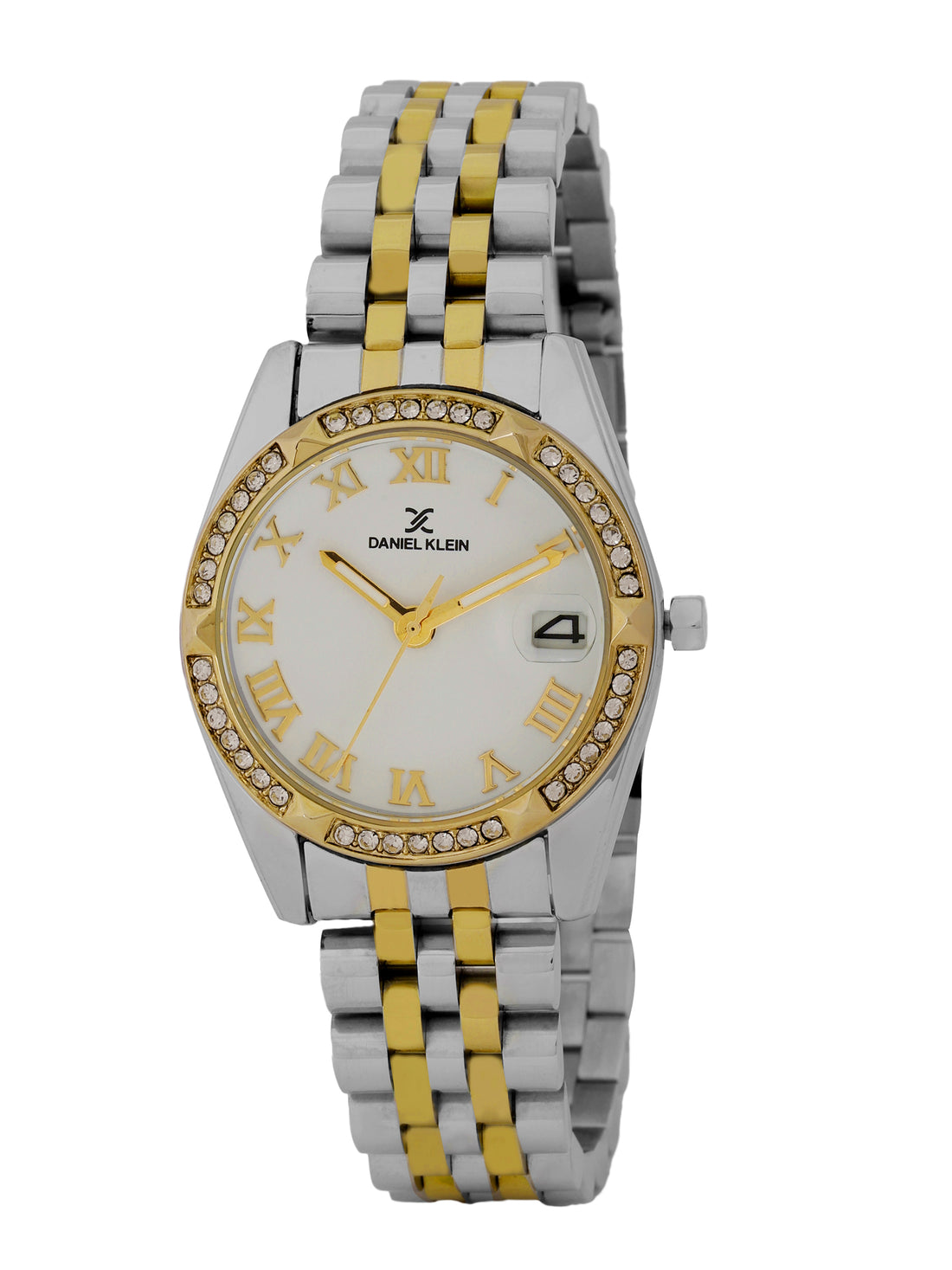 &quot;Daniel Klein Women’s Two-Tone Silver &amp; Gold Bracelet Watch – Elegant White Dial with Stone Bezel &quot;