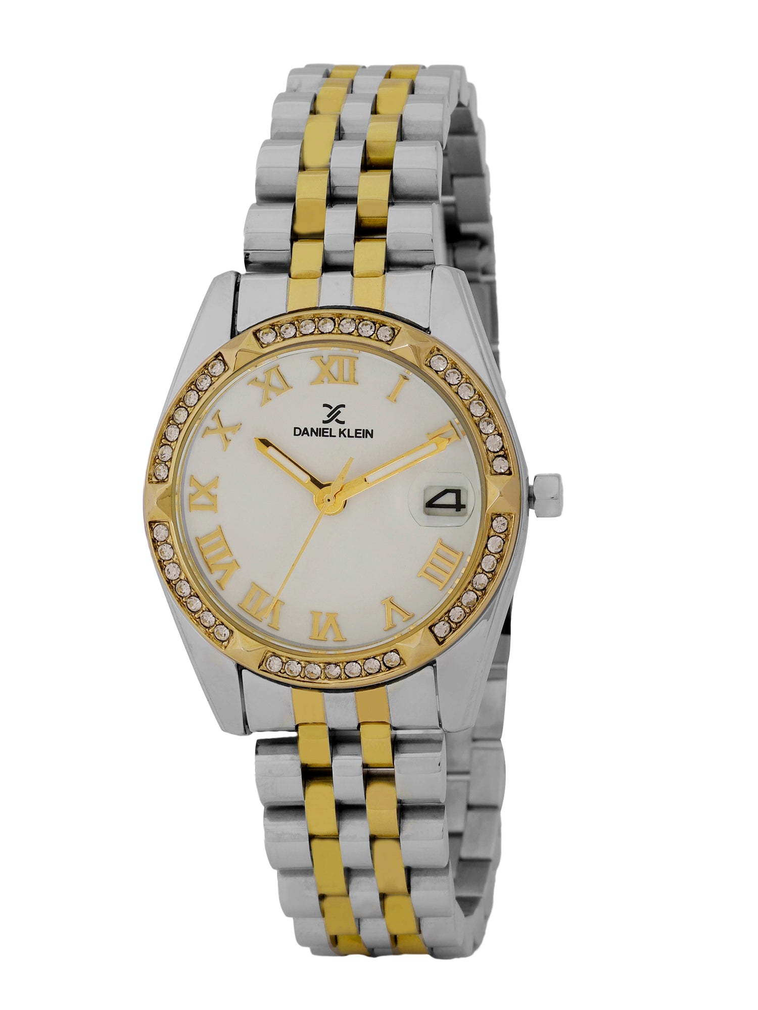 &quot;Daniel Klein Women’s Two-Tone Silver &amp; Gold Bracelet Watch – Elegant White Dial with Stone Bezel &quot;
