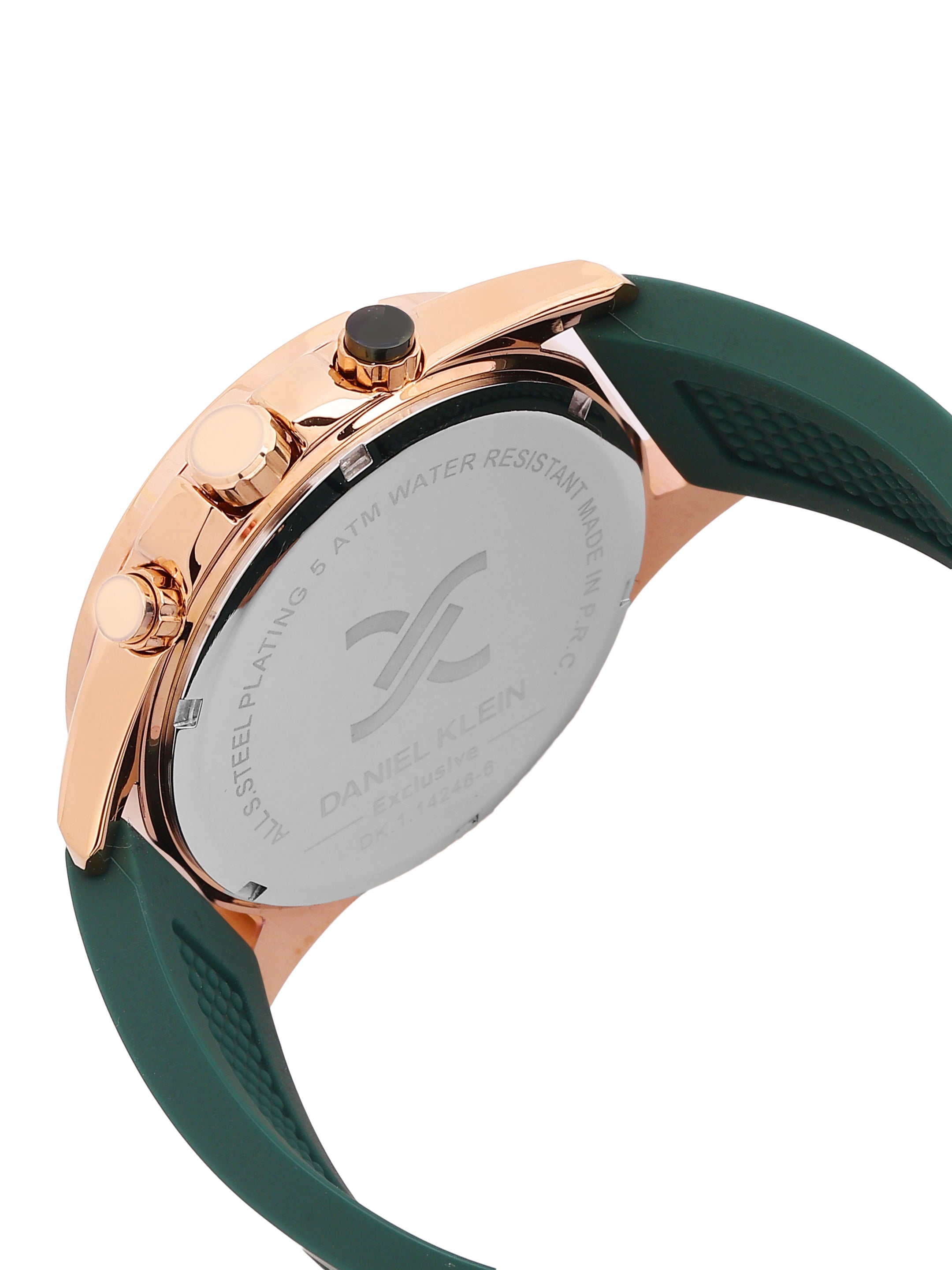 Daniel Klein Analog Dark Green Round Dial Pink Rose Gold Case Dark Green Strap Quartz Water-Resistant Wrist Watch for Men Boys DK.1.14246-6