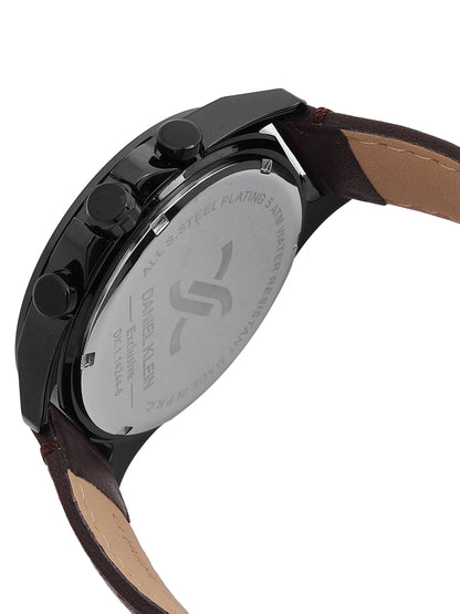 Daniel Klein Analog Cool Grey 9c Round Dial Black Case Brown Strap Quartz Water-Resistant Wrist Watch for Men Boys DK.1.14244-6