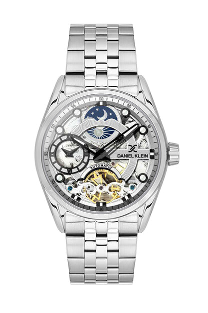 Silver Skeleton Men Watch with Metallic Strap