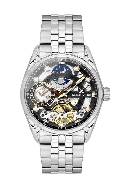 Black Skeleton Men Watch with Metallic Strap