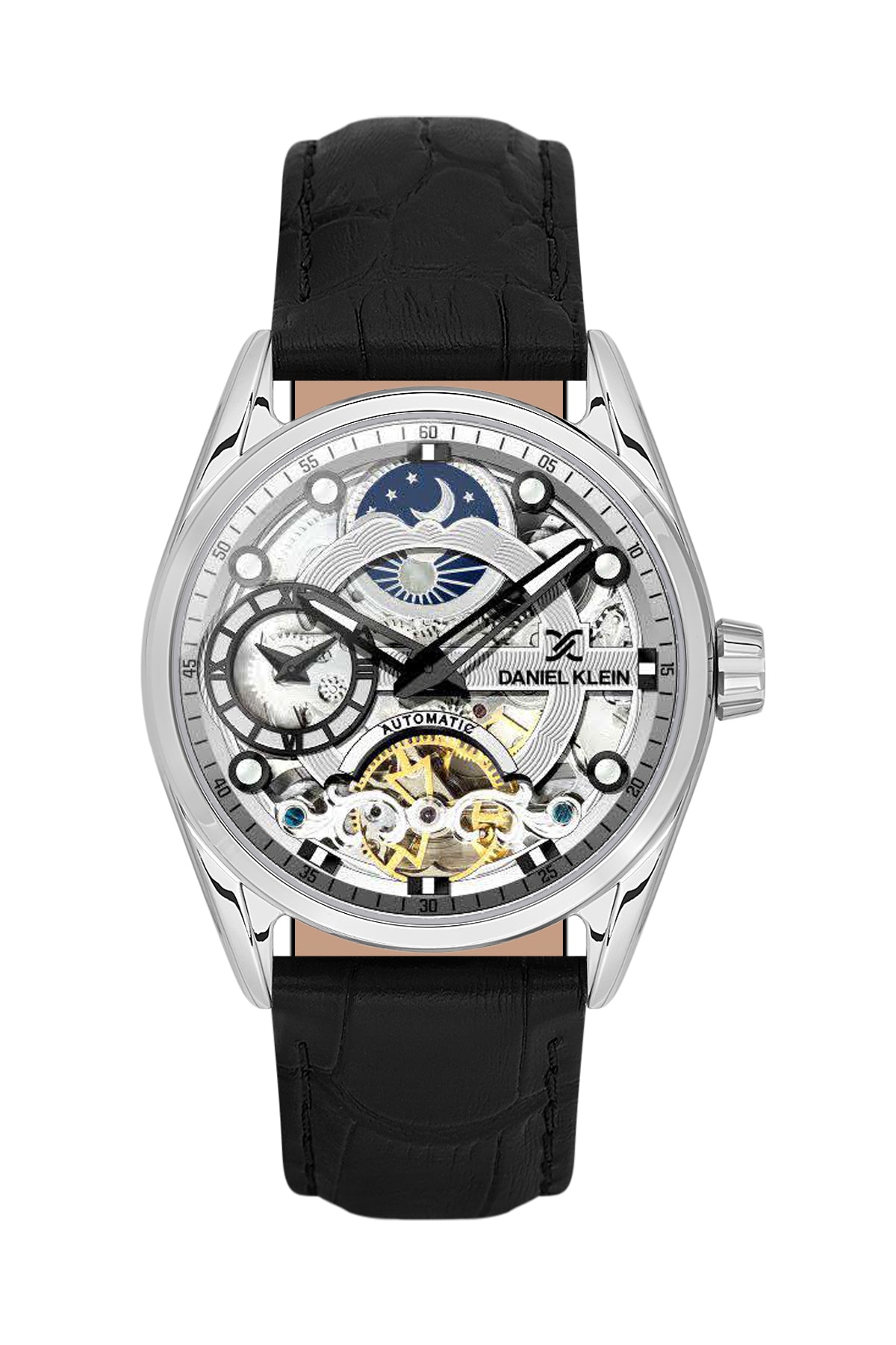 Silver Skeleton Men Watch with Leather Strap