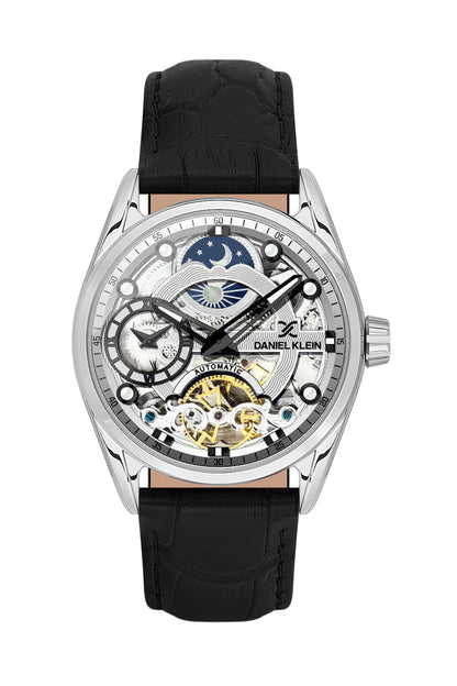Silver Skeleton Men Watch with Leather Strap