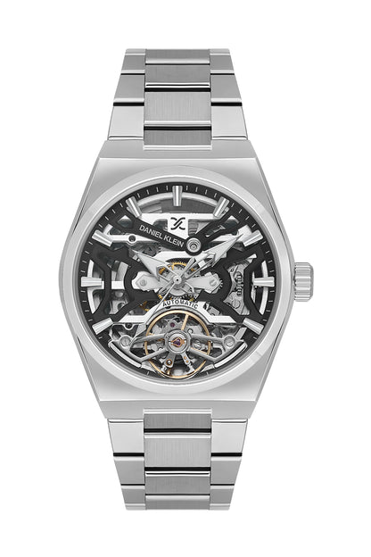 Black Skeleton Men Watch with Metallic Strap