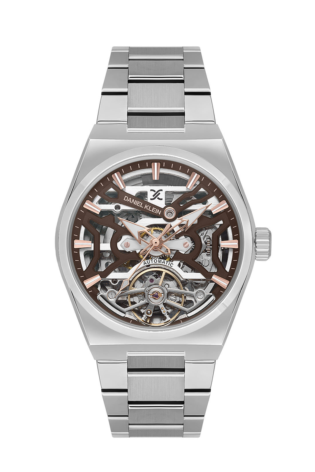 Brown Skeleton Men Watch with Metallic Strap