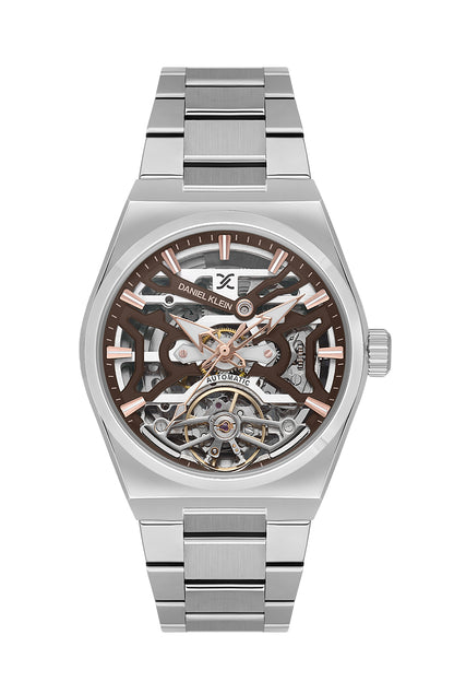 Brown Skeleton Men Watch with Metallic Strap