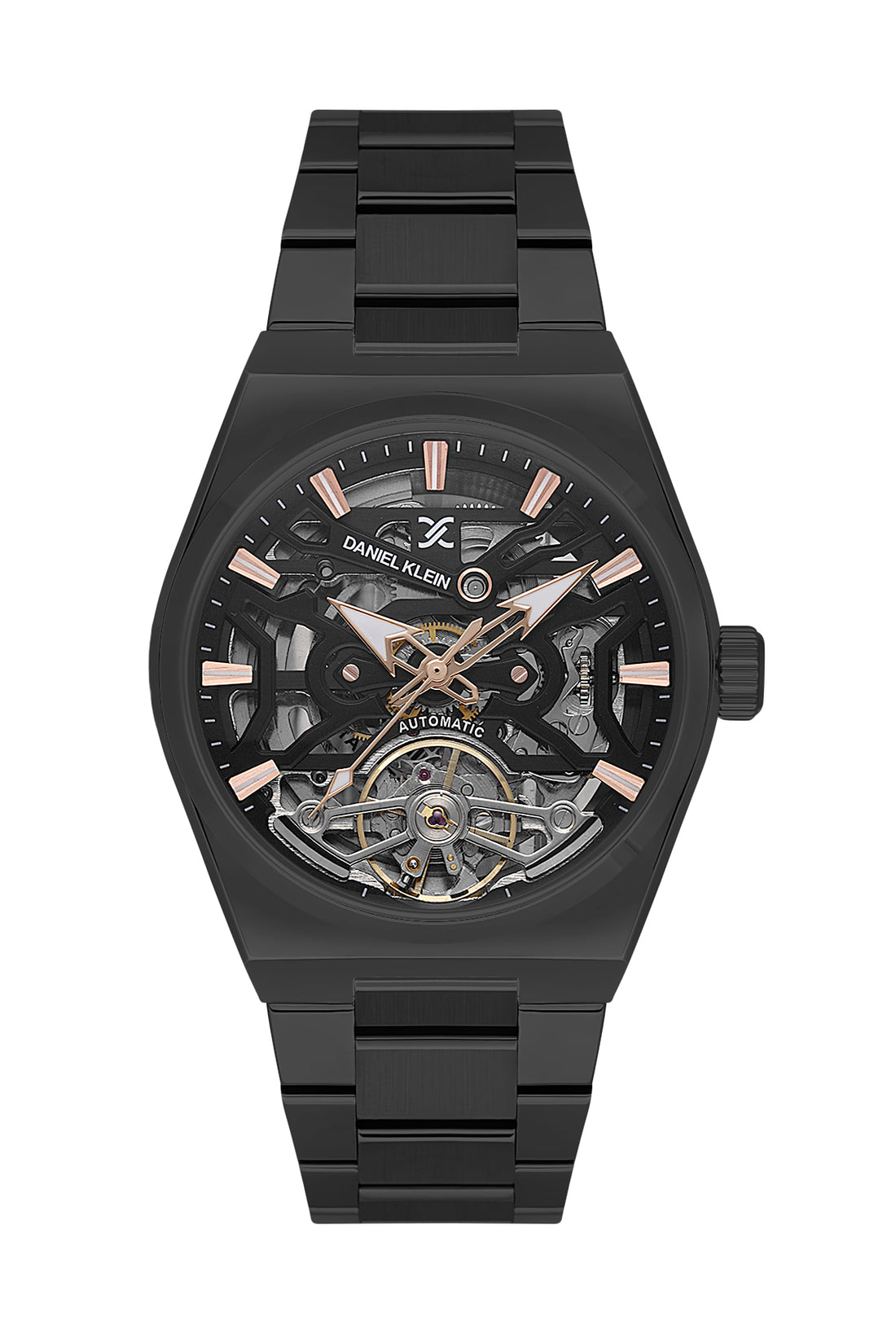 Black Skeleton Men Watch with Metallic Strap