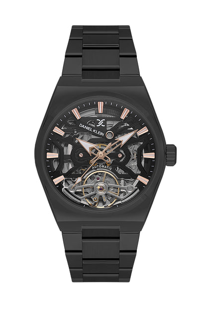 Black Skeleton Men Watch with Metallic Strap