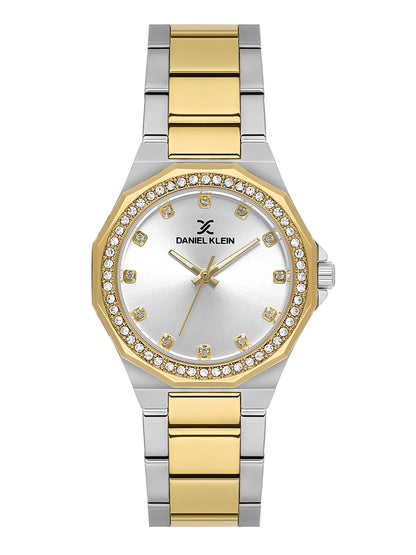 Daniel klein Premium Lady Dual-Tone IPS/IPG Silver Sunray Dial Stone Stainless Steel Watch DK.1.13918-3