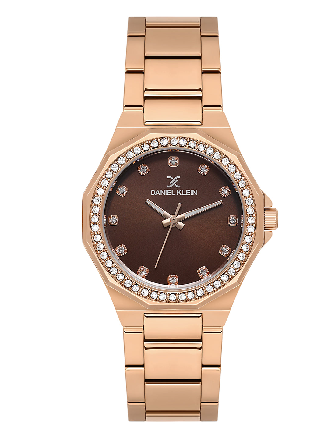 Daniel klein Premium Lady IP Pink R.Gold Dark Brown Sunray Dial Stone Stainless Steel Watch DK.1.13918-5