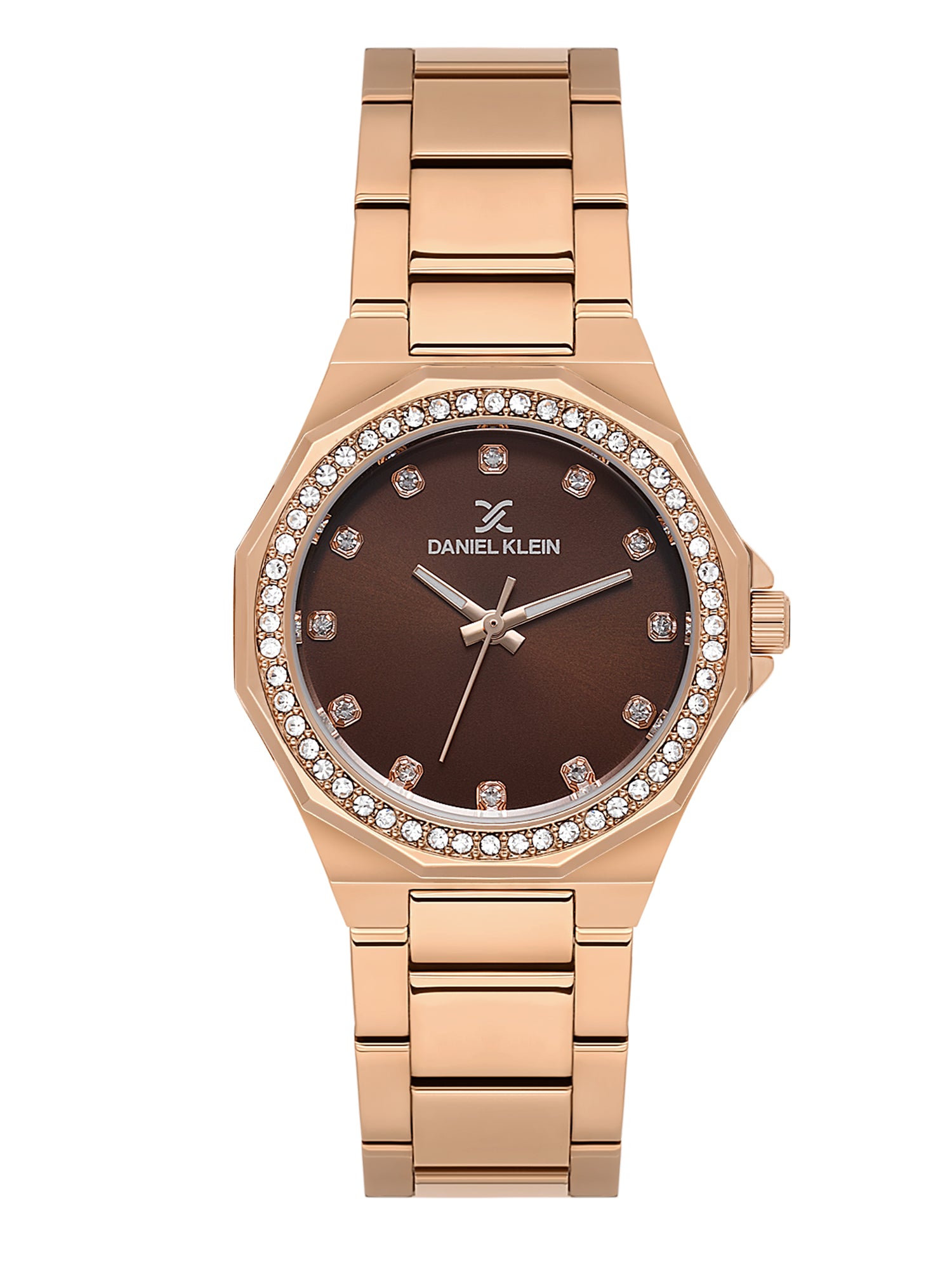 Daniel klein Premium Lady IP Pink R.Gold Dark Brown Sunray Dial Stone Stainless Steel Watch DK.1.13918-5
