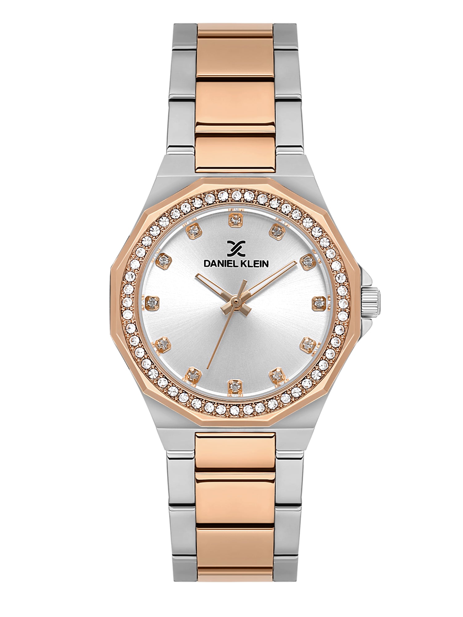Daniel klein Premium Lady IPS/IP Pink R.Gold Silver Sunray Dial Stone Stainless Steel Watch DK.1.13918-6