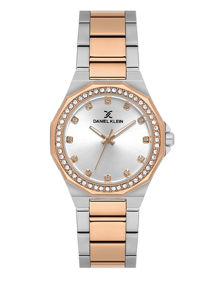 Daniel klein Premium Lady IPS/IP Pink R.Gold Silver Sunray Dial Stone Stainless Steel Watch DK.1.13918-6