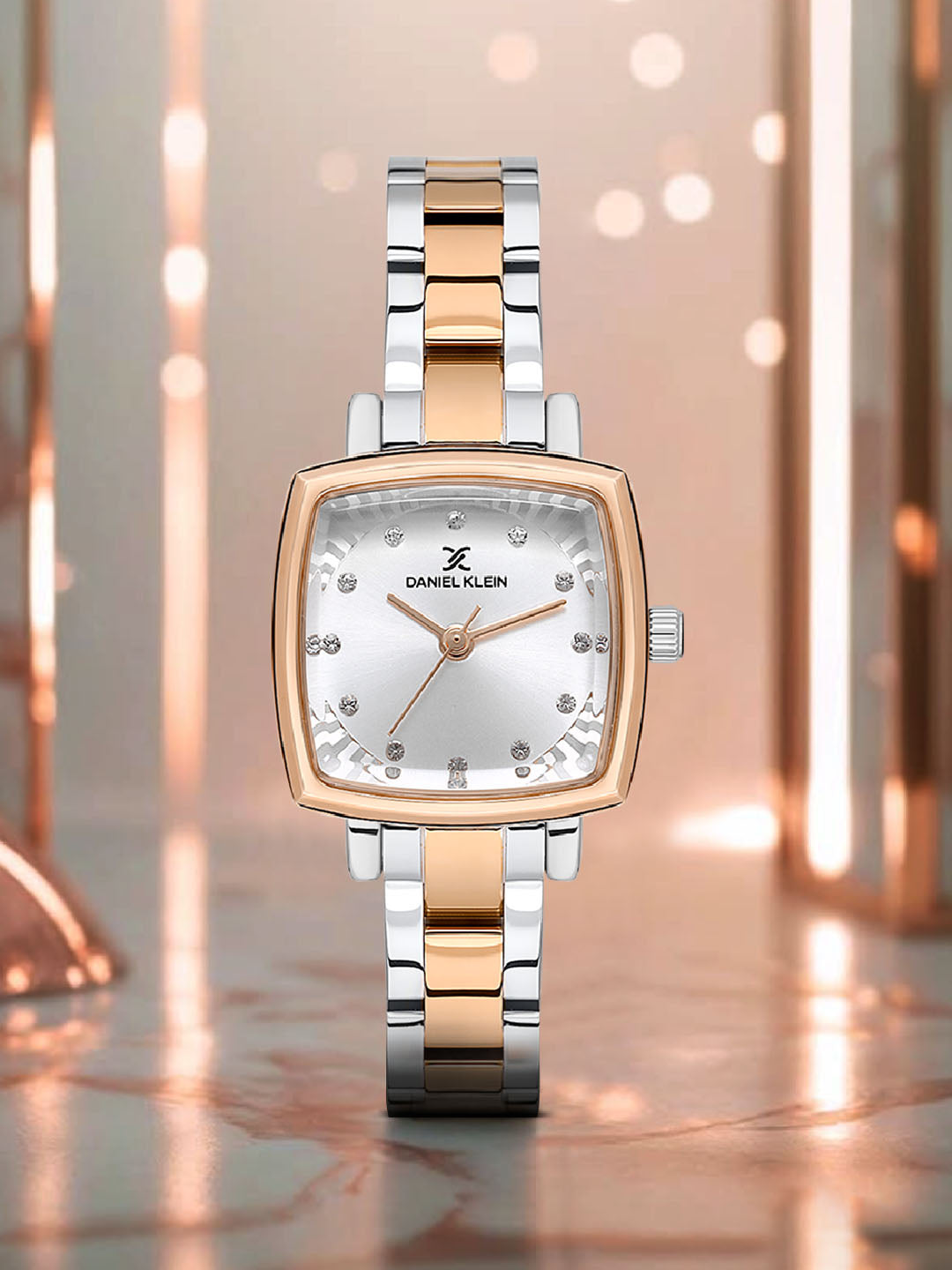 Daniel klein Premium Lady IPS/IP Pink R.Gold Silver Embossed Dial Stone Stainless Steel Watch DK.1.13922-6