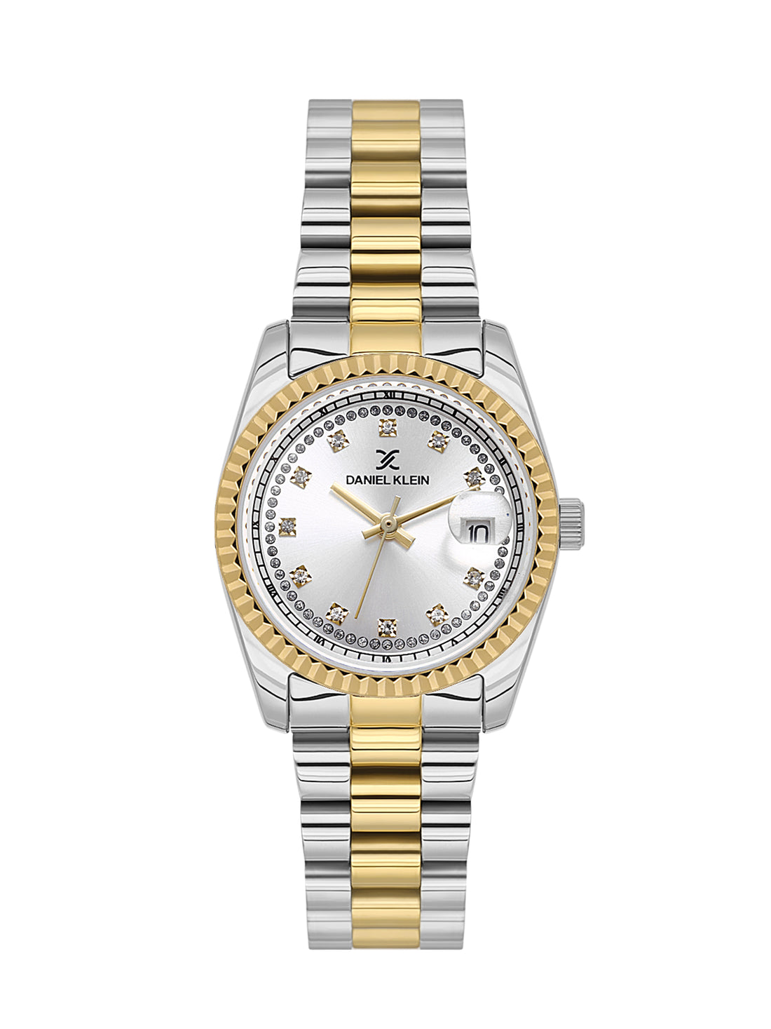 Daniel klein Premium Lady Dual-Tone IPS/IPG Silver Sunray Dial Stone Stainless Steel Watch DK.1.13924-4