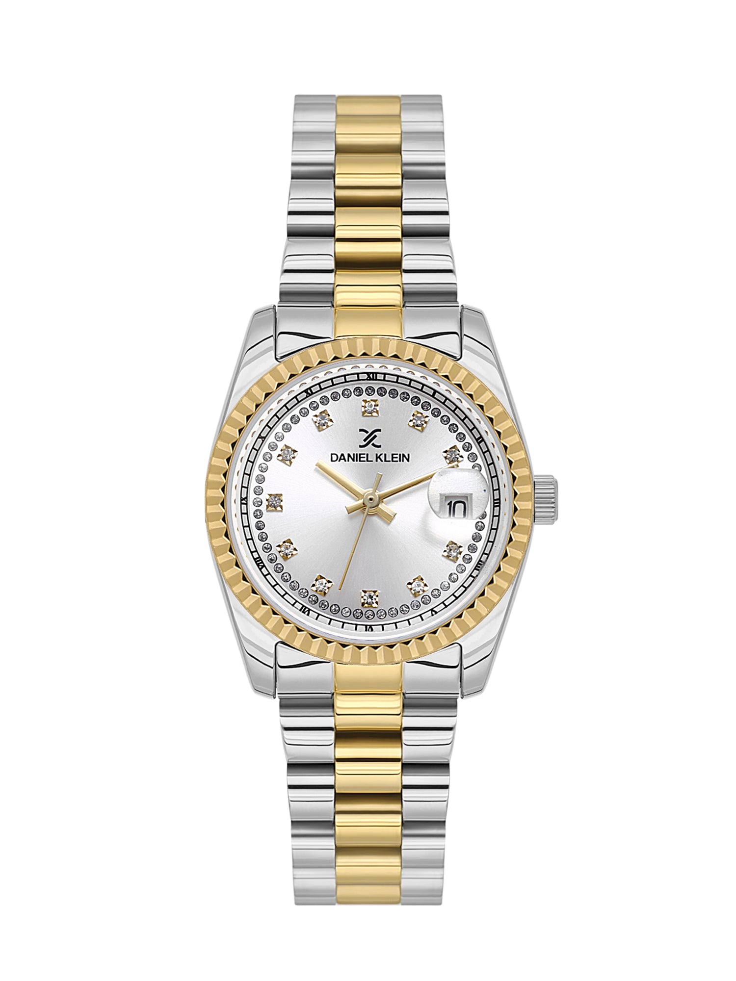 Daniel klein Premium Lady Dual-Tone IPS/IPG Silver Sunray Dial Stone Stainless Steel Watch DK.1.13924-4