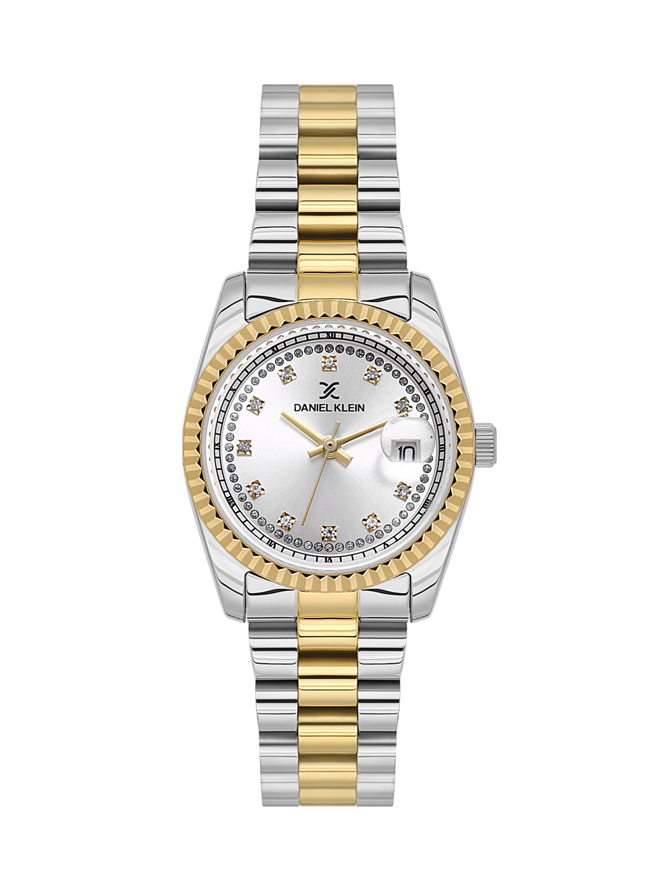 Daniel klein Premium Lady Dual-Tone IPS/IPG Silver Sunray Dial Stone Stainless Steel Watch DK.1.13924-4