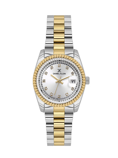 Daniel klein Premium Lady Dual-Tone IPS/IPG Silver Sunray Dial Stone Stainless Steel Watch DK.1.13924-4