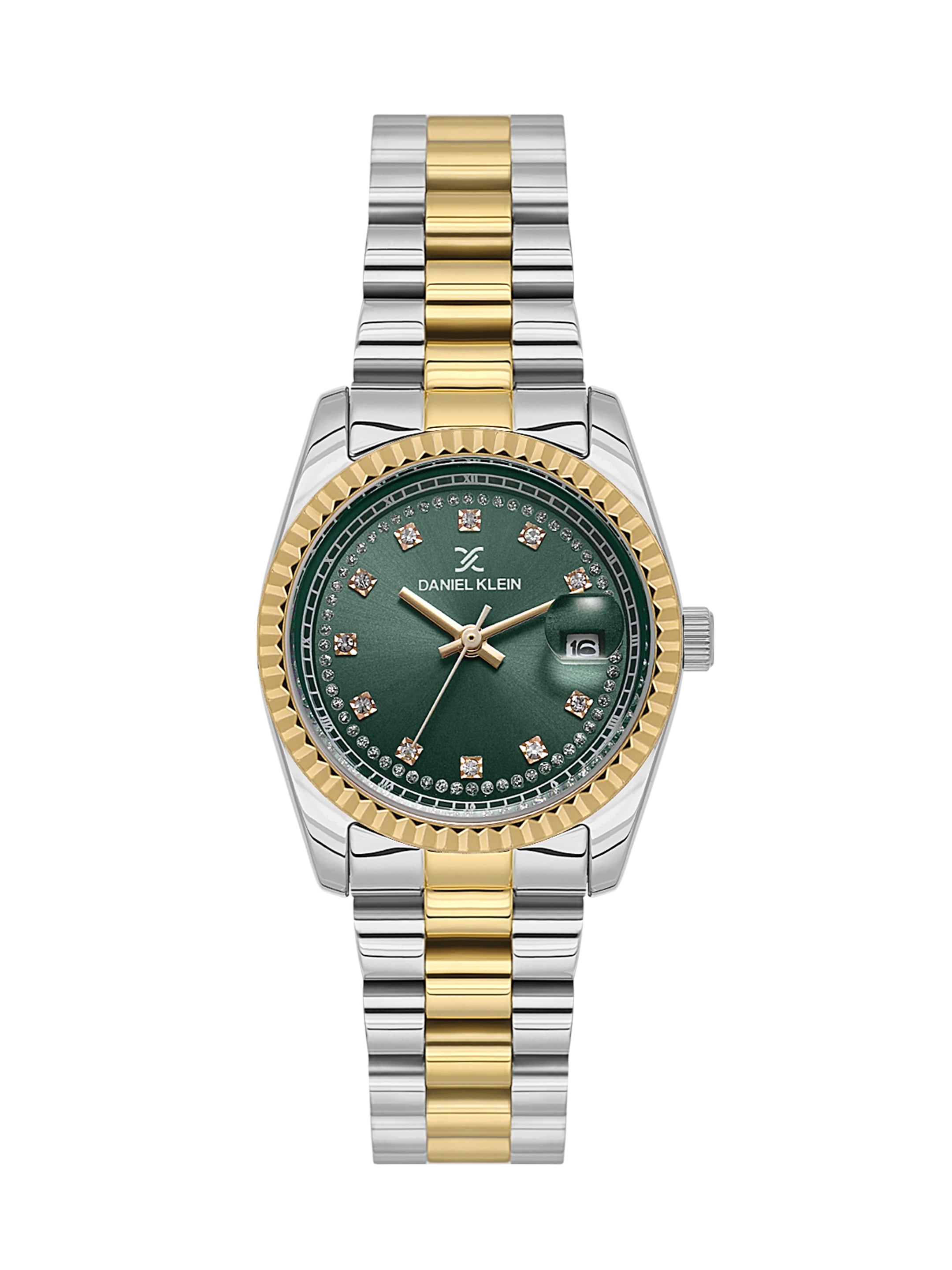 Daniel klein Premium Lady Dual-Tone IPS/IPG Dark Green Sunray Dial Stone Stainless Steel Watch DK.1.13924-5